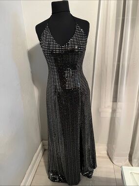 Aqua Black Sequin Halter Gown